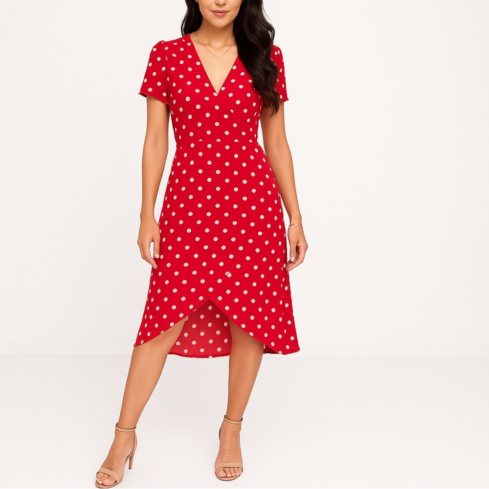 ❤️ Gorgeous Red and White Polka Dot Short Sleeve Wrap Dress Small